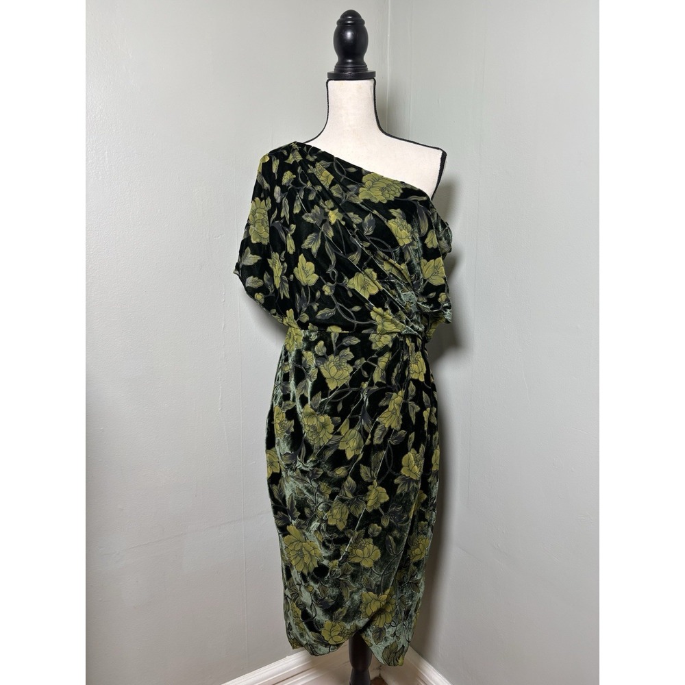 THEIA Green Floral Velvet One Shoulder Ruched Midi Dress 10 Whimsigoth